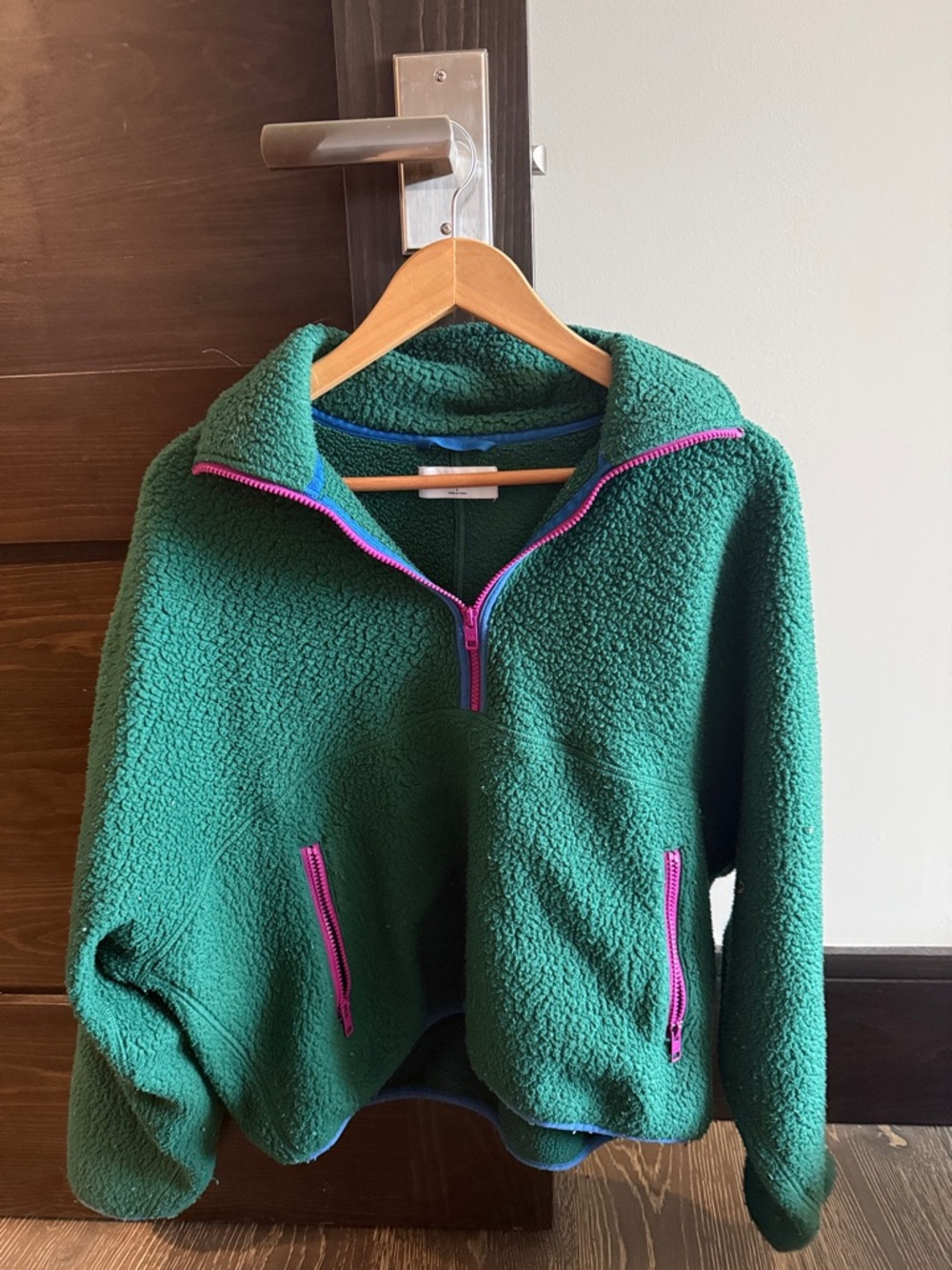 TNA Forest Green Sherpa Jacket with Blue Trim and Pink Zipper